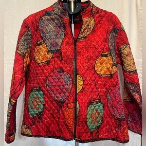 Women’s Chicos 100% Silk Red Quilted Jacket With Chinese Lantern Print Size 3
